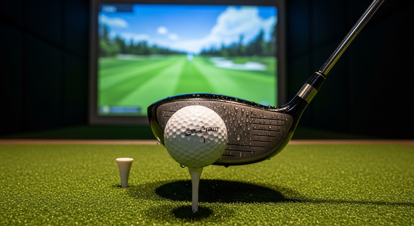 Golf club striking ball in simulator