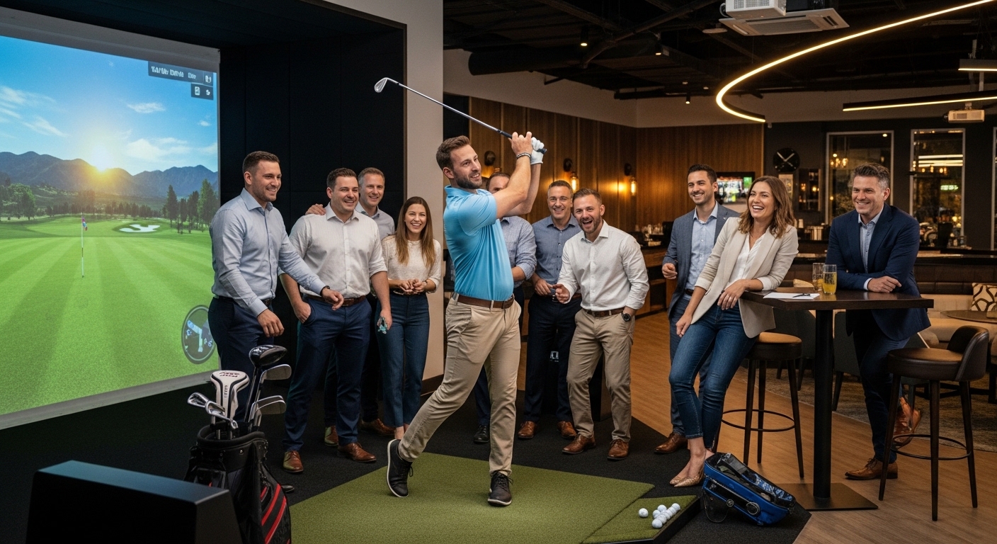 Corporate group at golf simulator